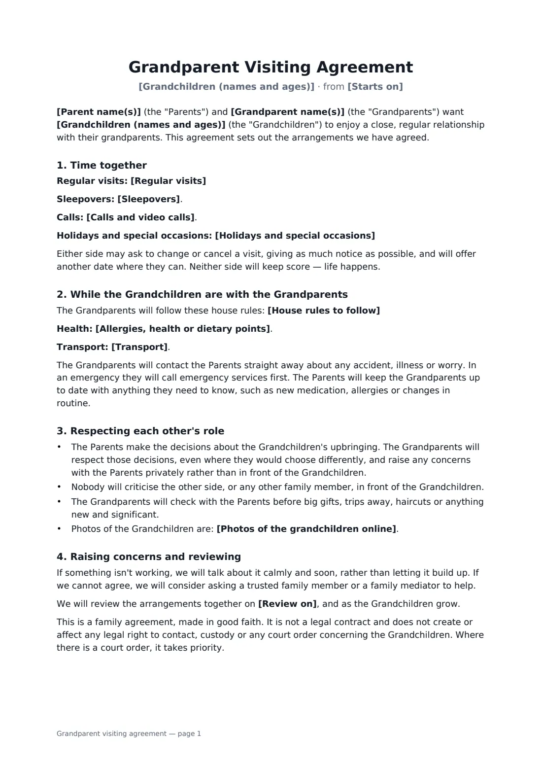 Grandparent visiting agreement — page 1 of 2