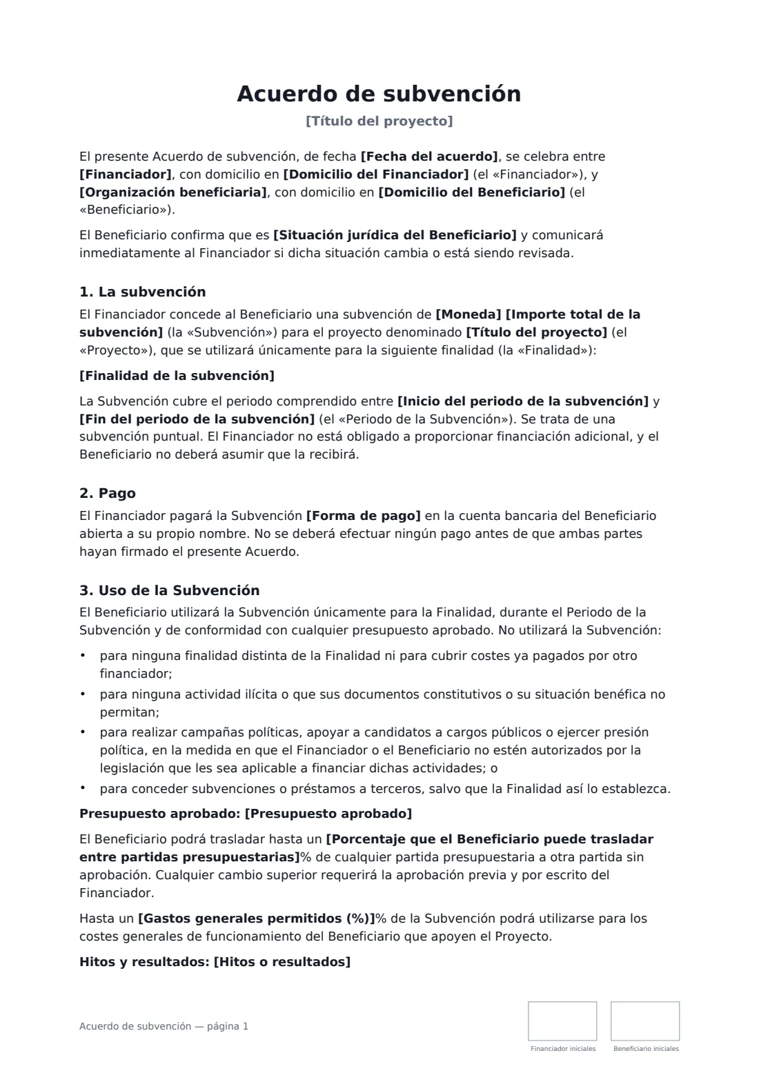 Acuerdo de subvención: página 1 de 3