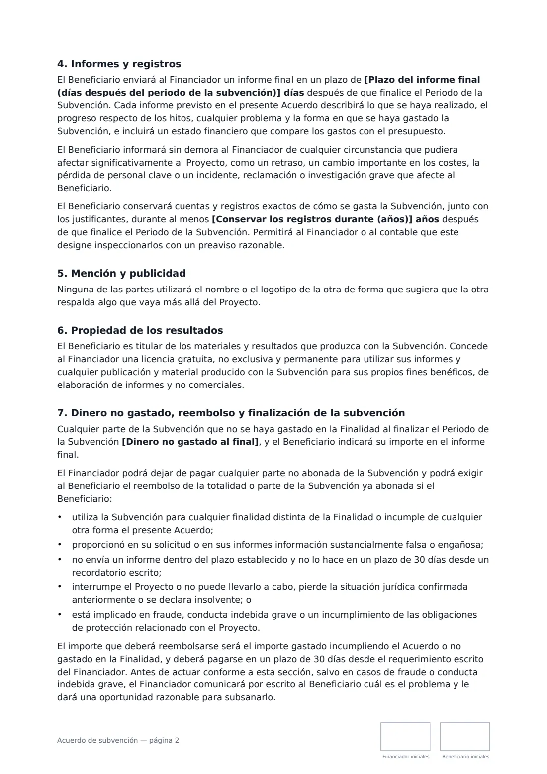 Acuerdo de subvención: página 2 de 3