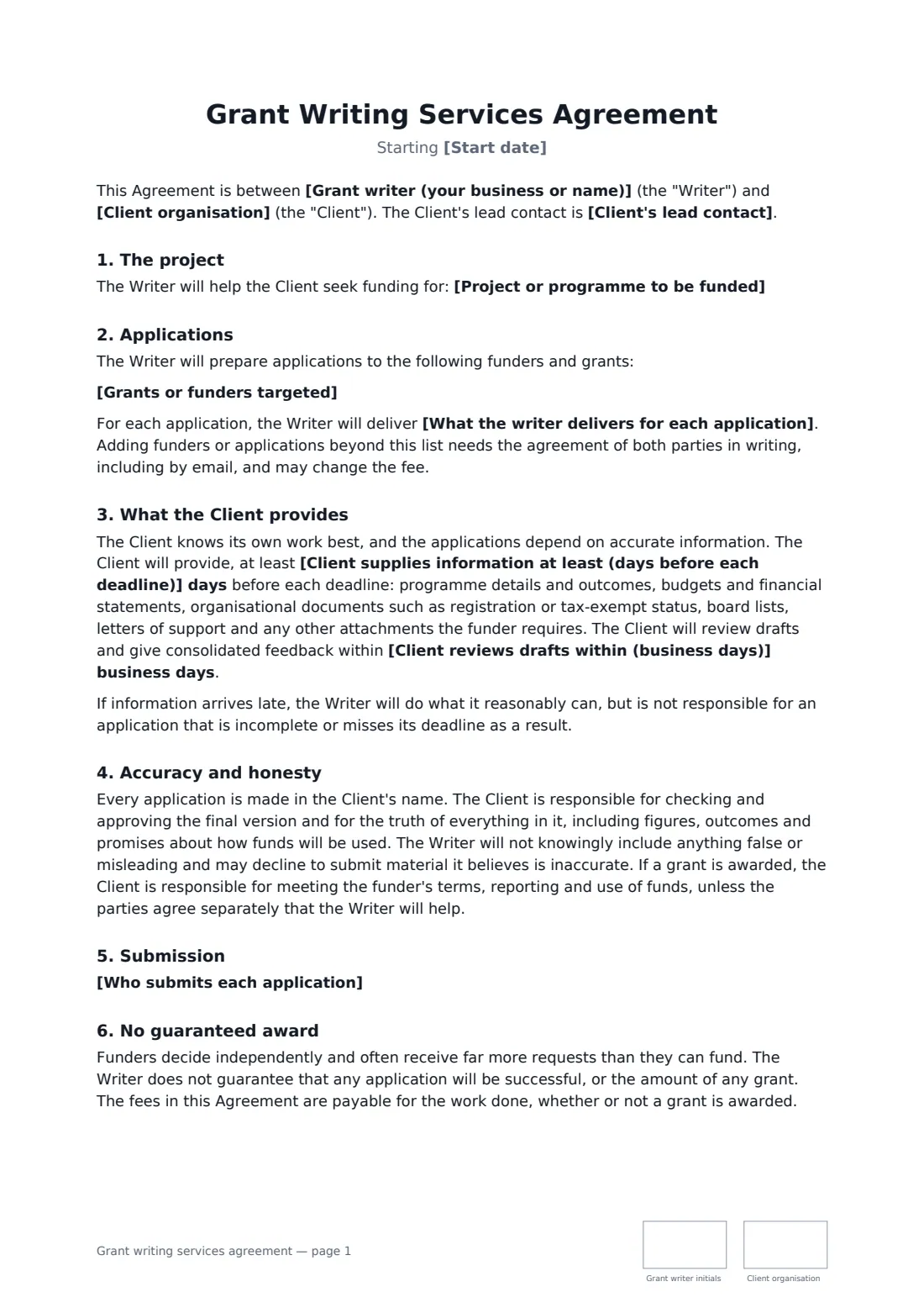 Grant writing services agreement — page 1 of 2