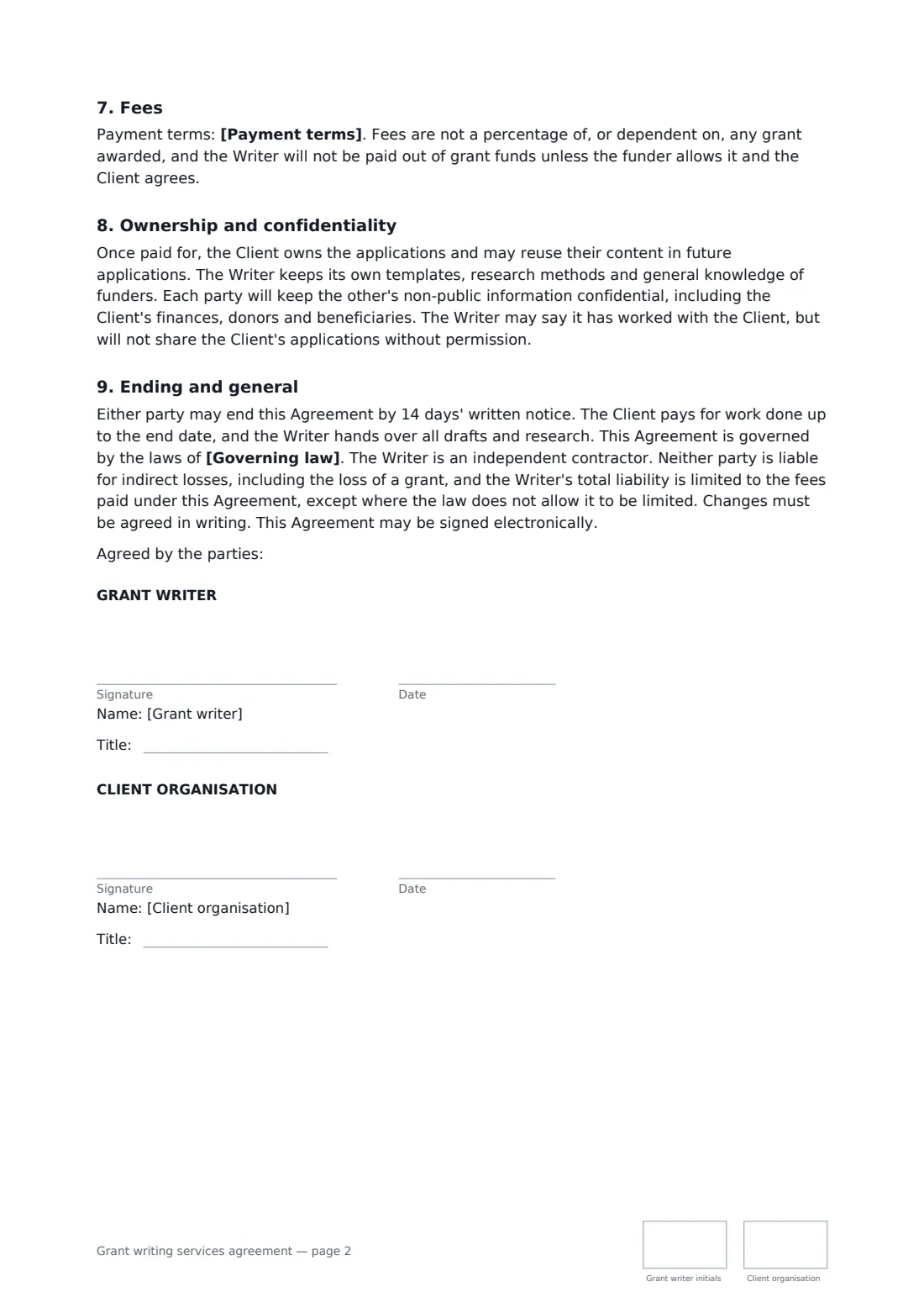 Grant writing services agreement — page 2 of 2