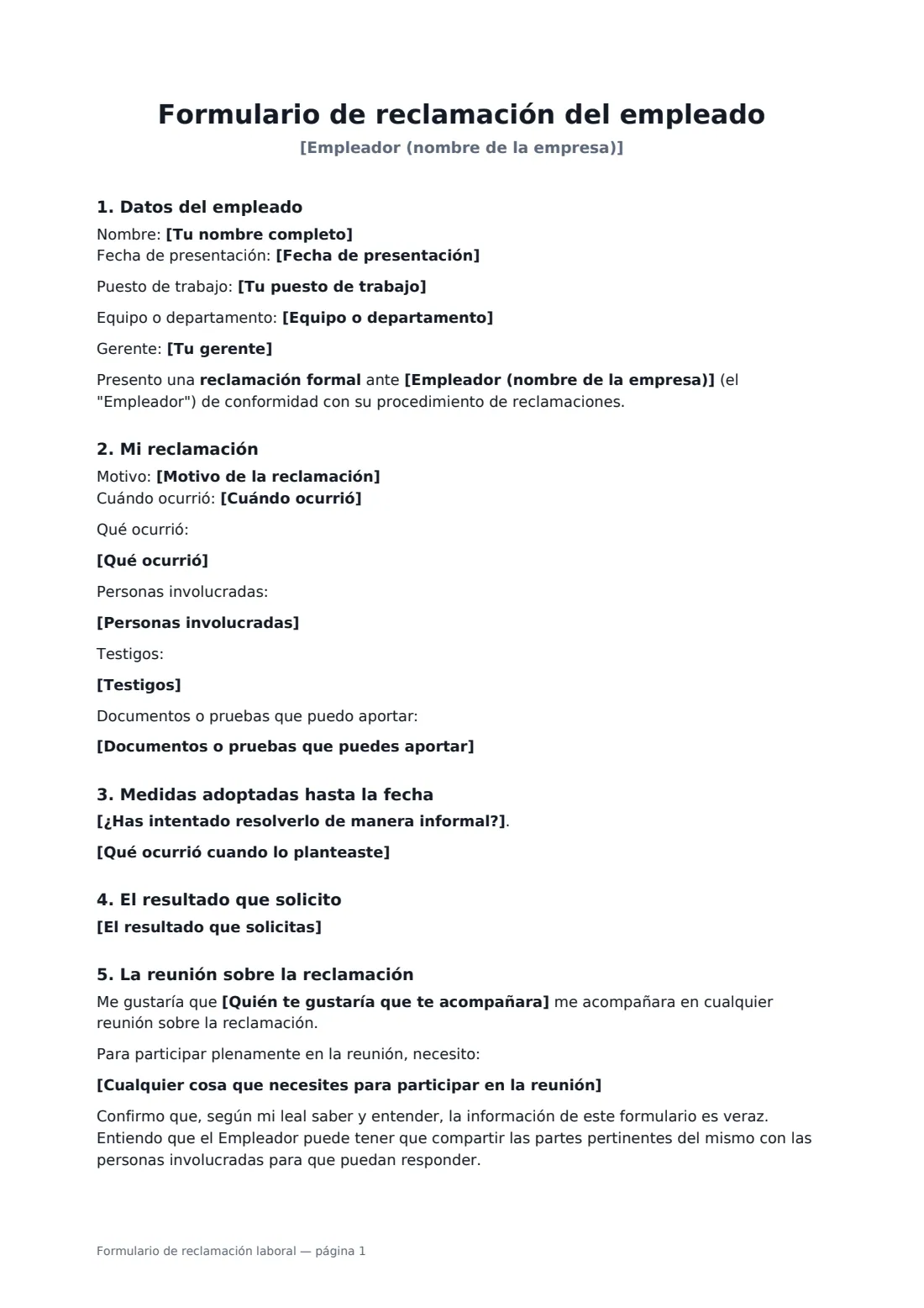 Formulario de reclamación laboral: página 1 de 2