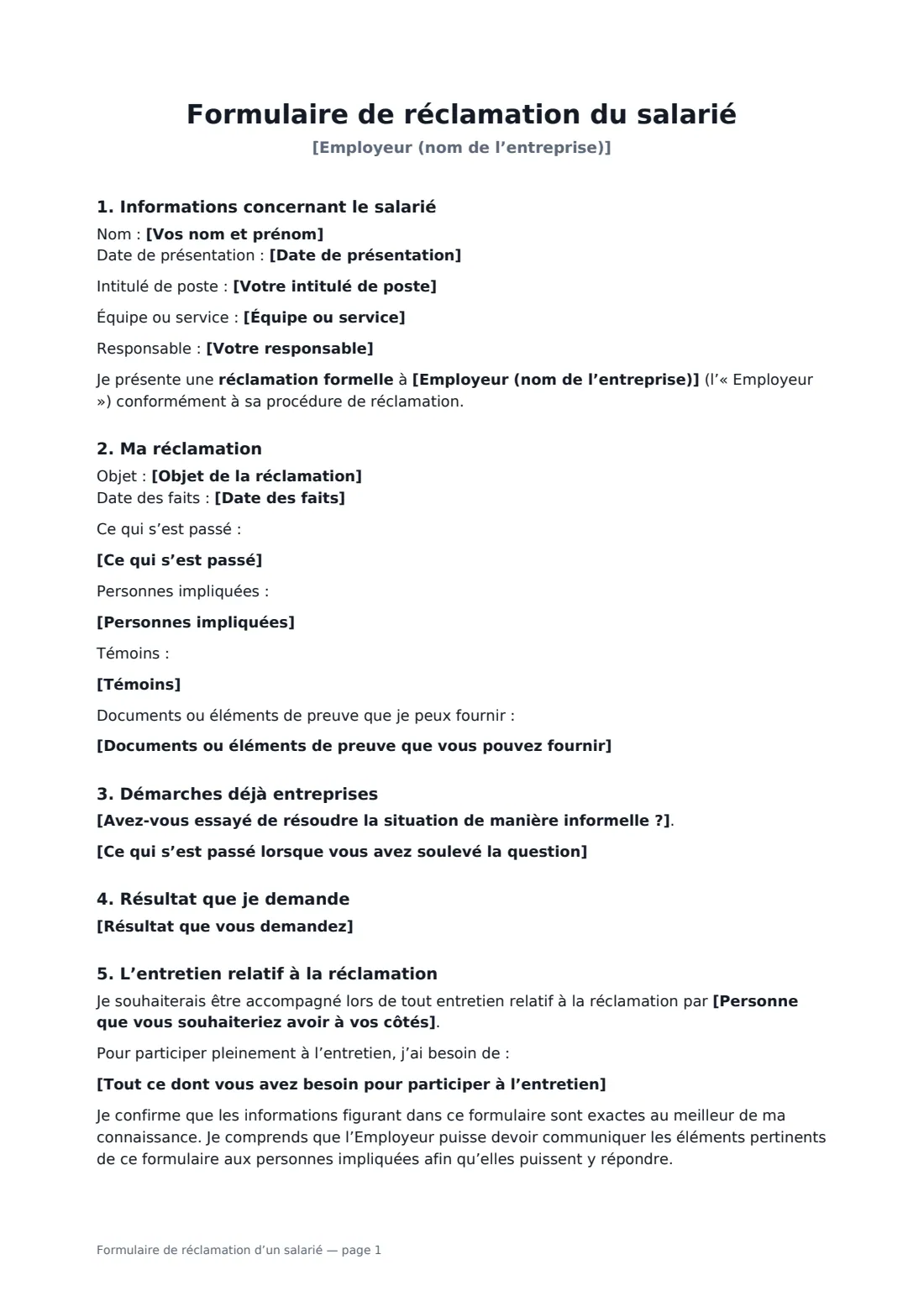 Formulaire de réclamation d’un salarié — page 1 sur 2