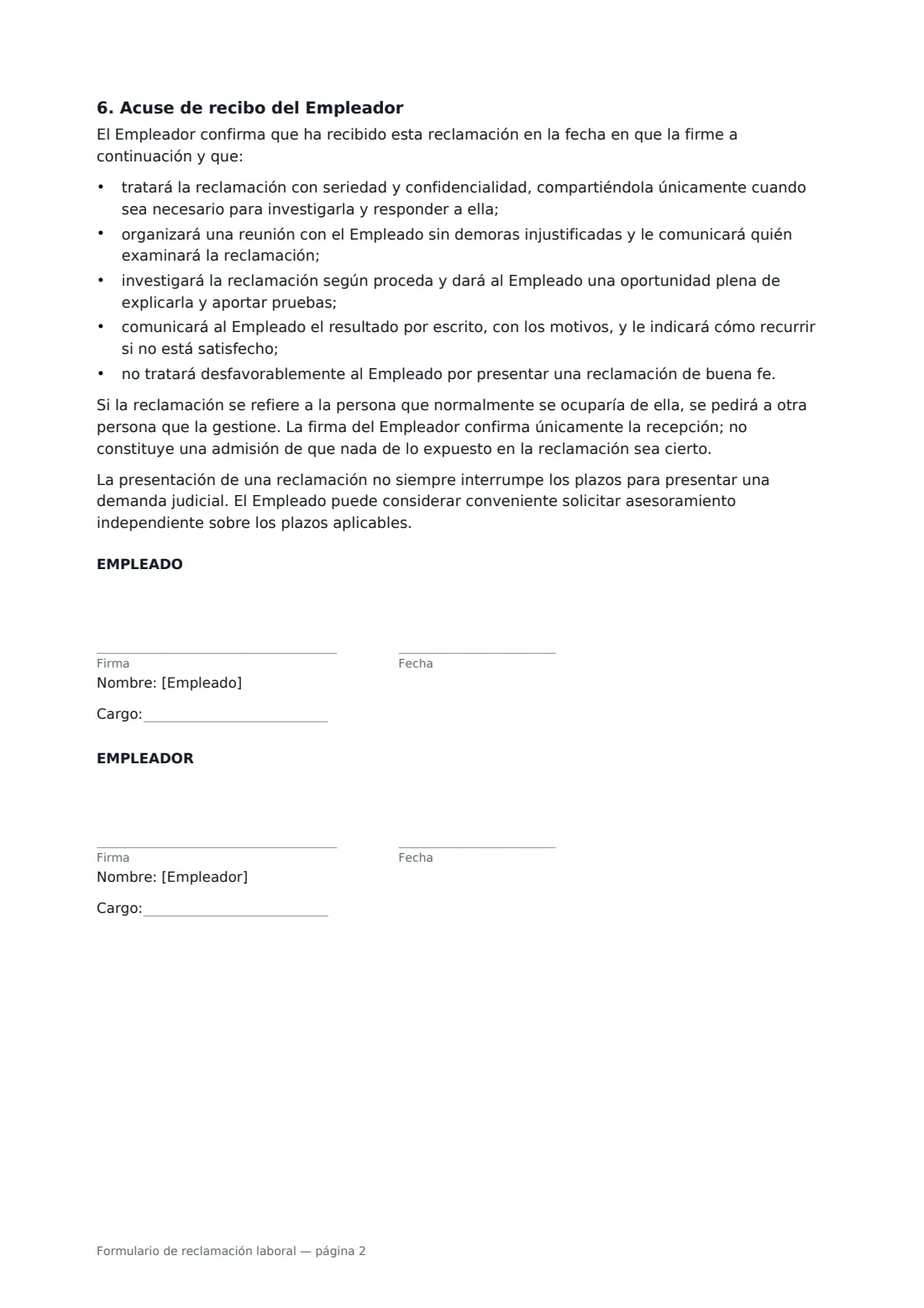 Formulario de reclamación laboral: página 2 de 2