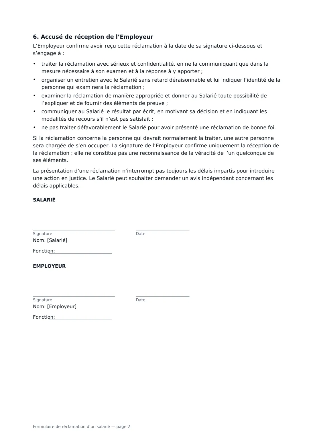 Formulaire de réclamation d’un salarié — page 2 sur 2
