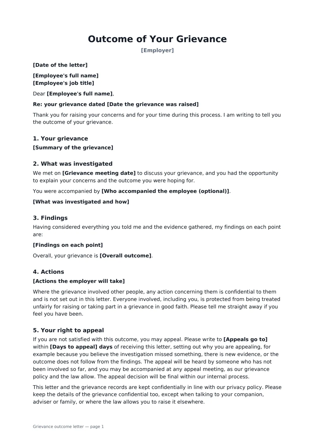 Grievance outcome letter — page 1 of 2