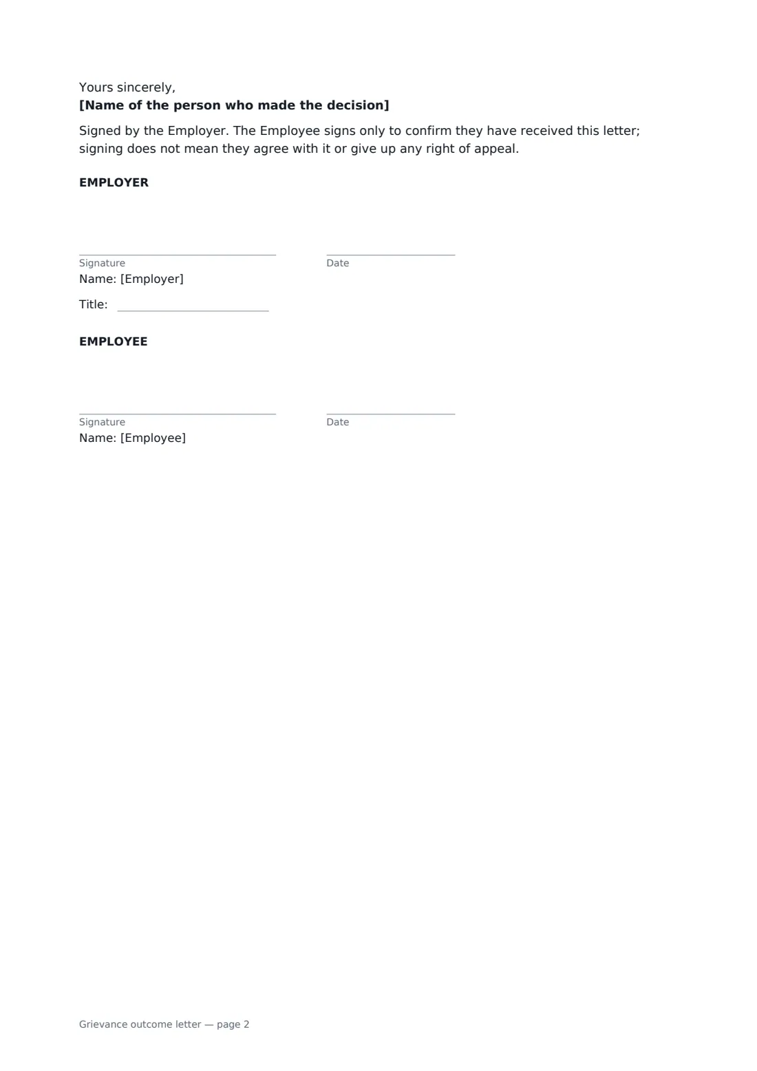 Grievance outcome letter — page 2 of 2