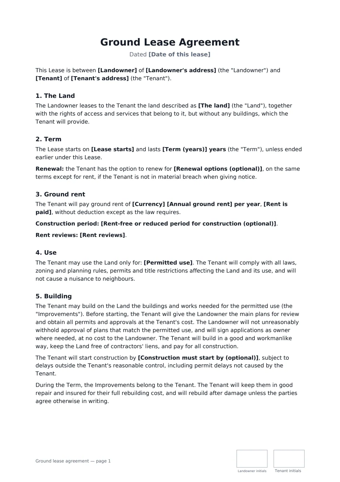 Ground lease agreement — page 1 of 3
