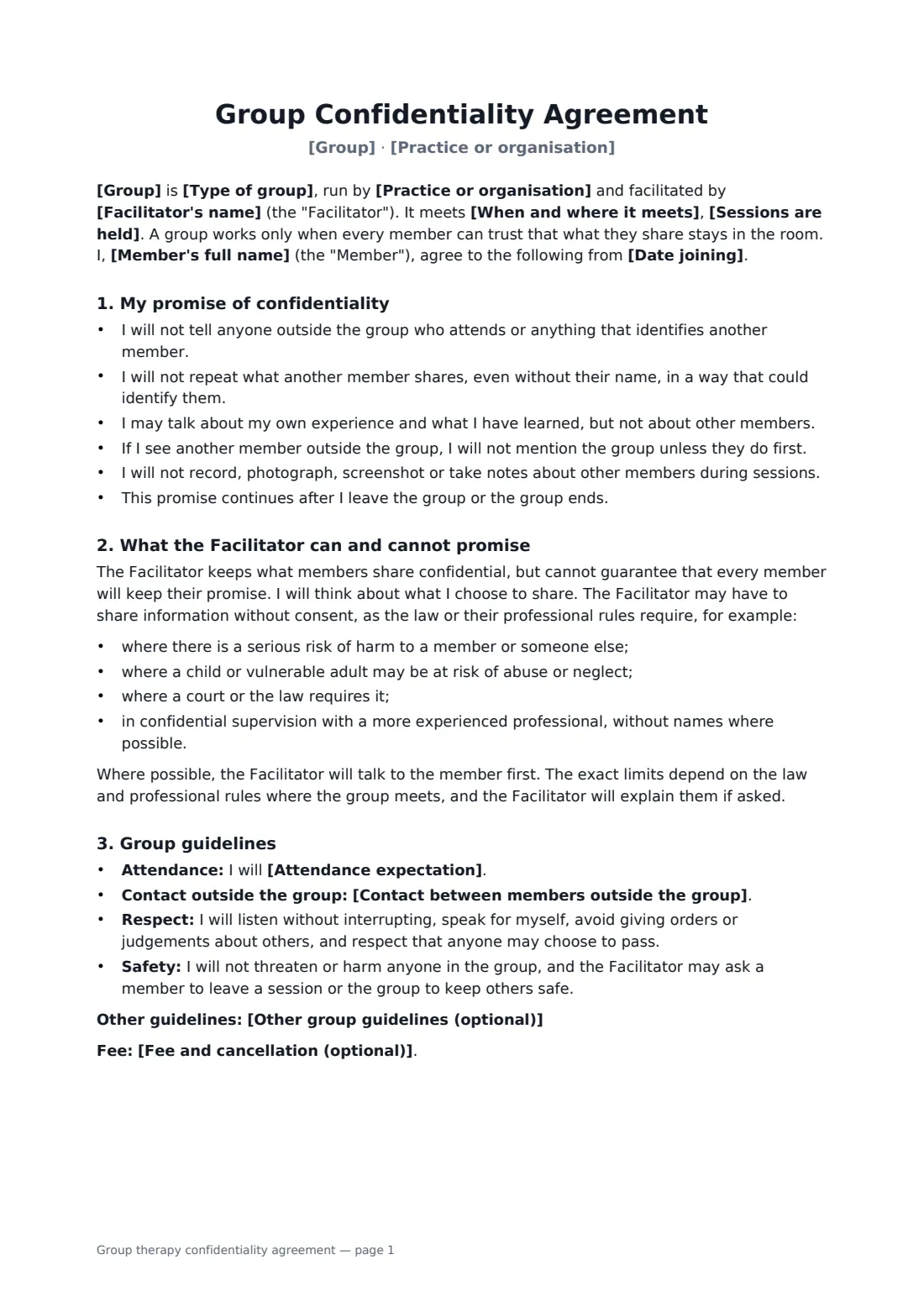 Group therapy confidentiality agreement — page 1 of 2