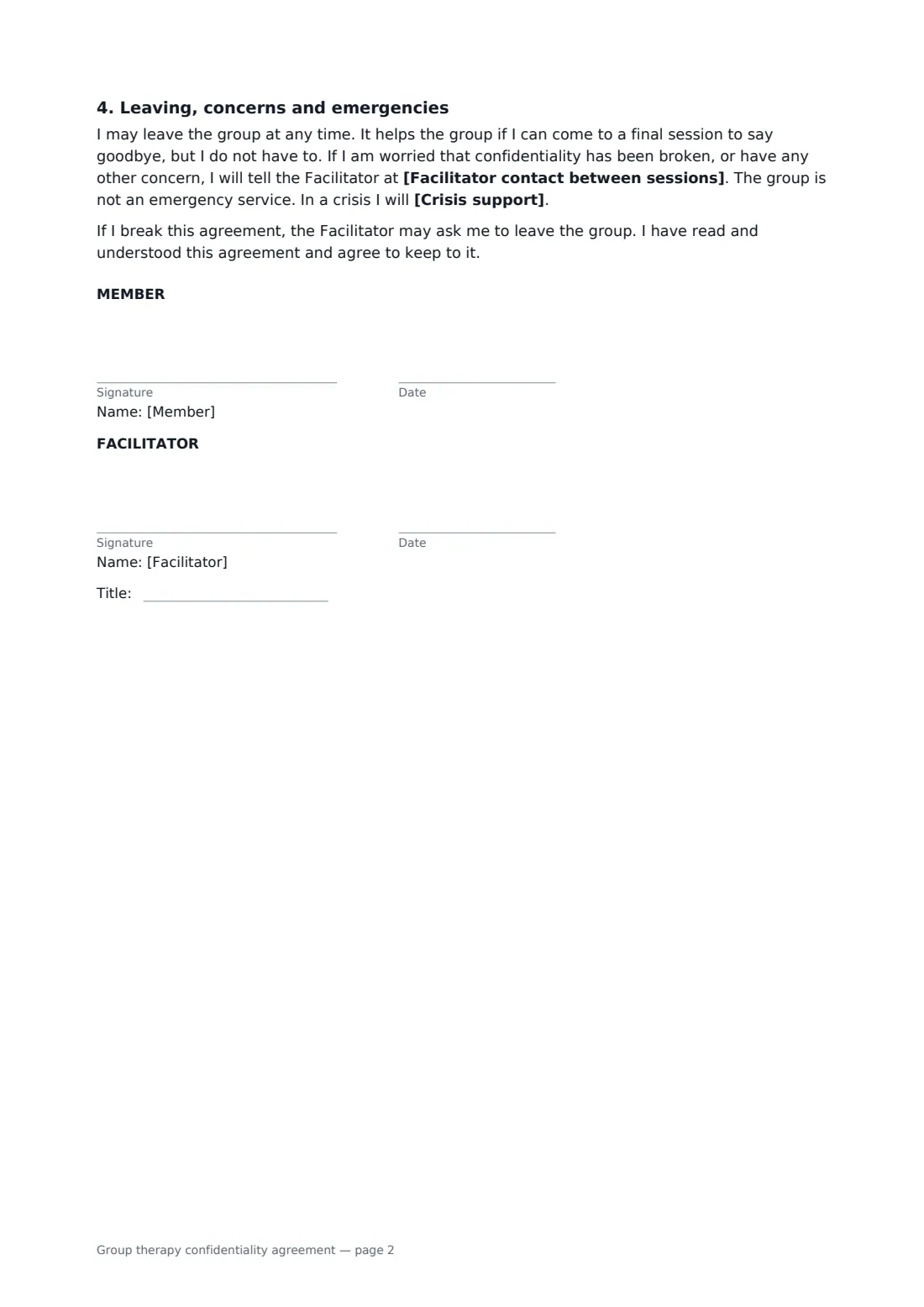 Group therapy confidentiality agreement — page 2 of 2