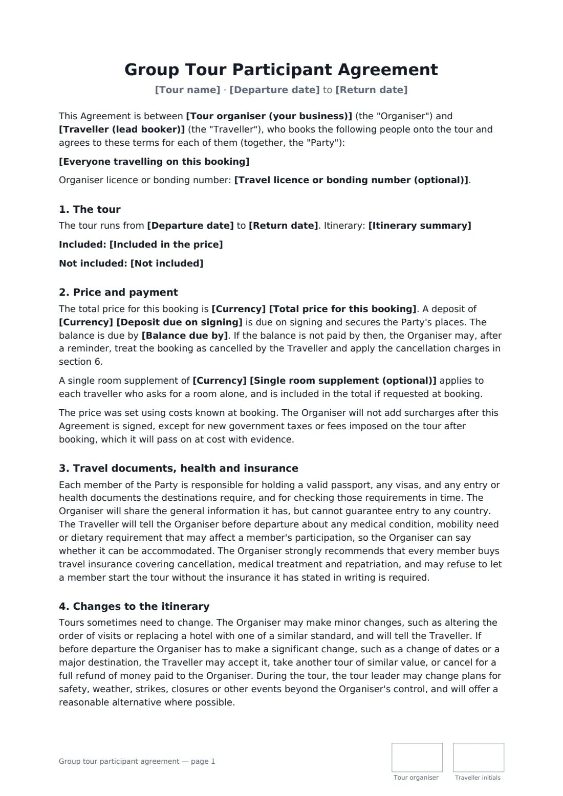 Group tour participant agreement — page 1 of 3