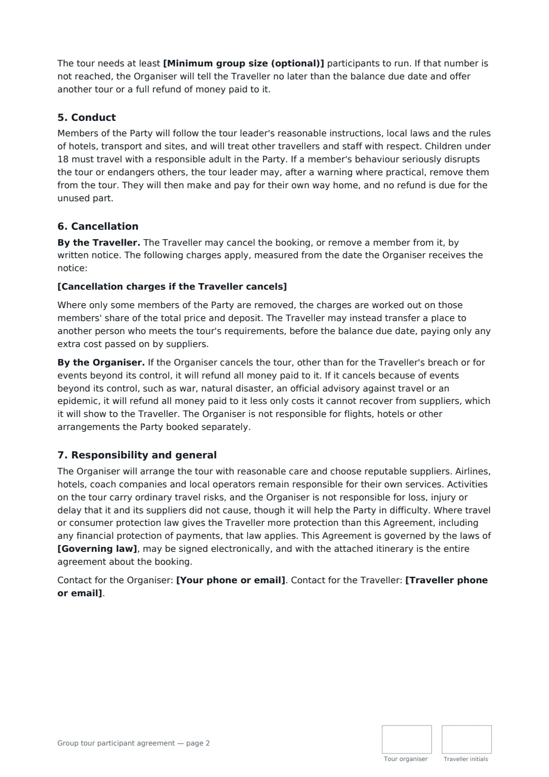 Group tour participant agreement — page 2 of 3