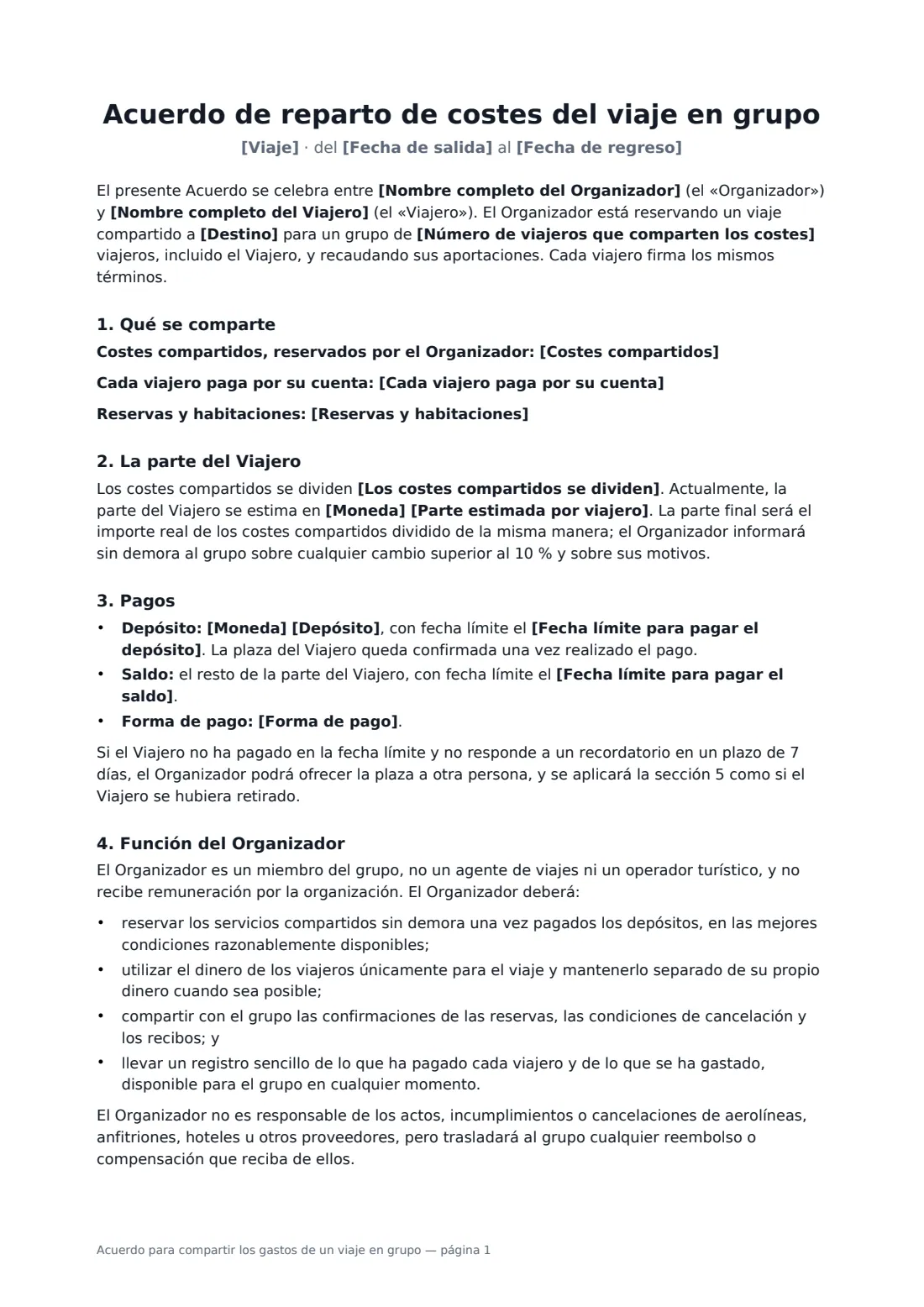 Acuerdo para compartir los gastos de un viaje en grupo: página 1 de 2