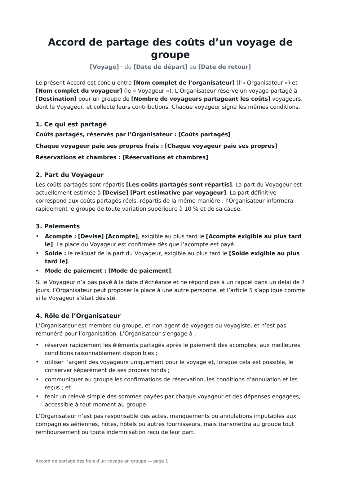 Accord de partage des frais d’un voyage en groupe — page 1 sur 2