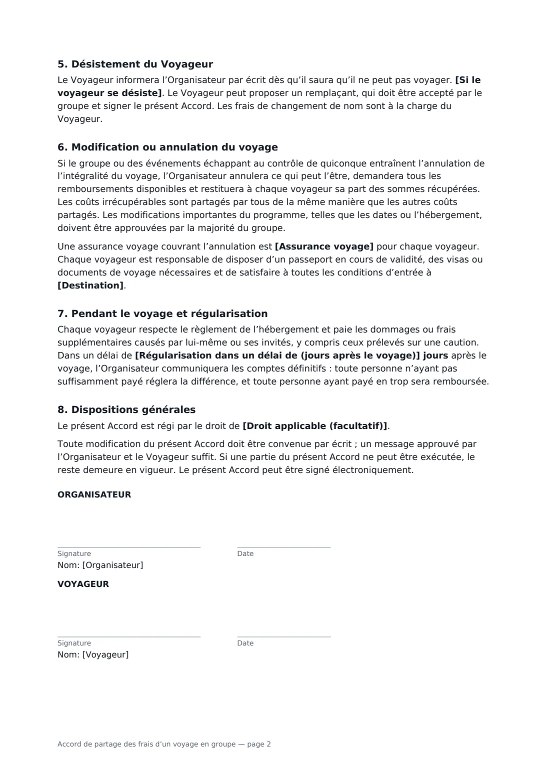 Accord de partage des frais d’un voyage en groupe — page 2 sur 2
