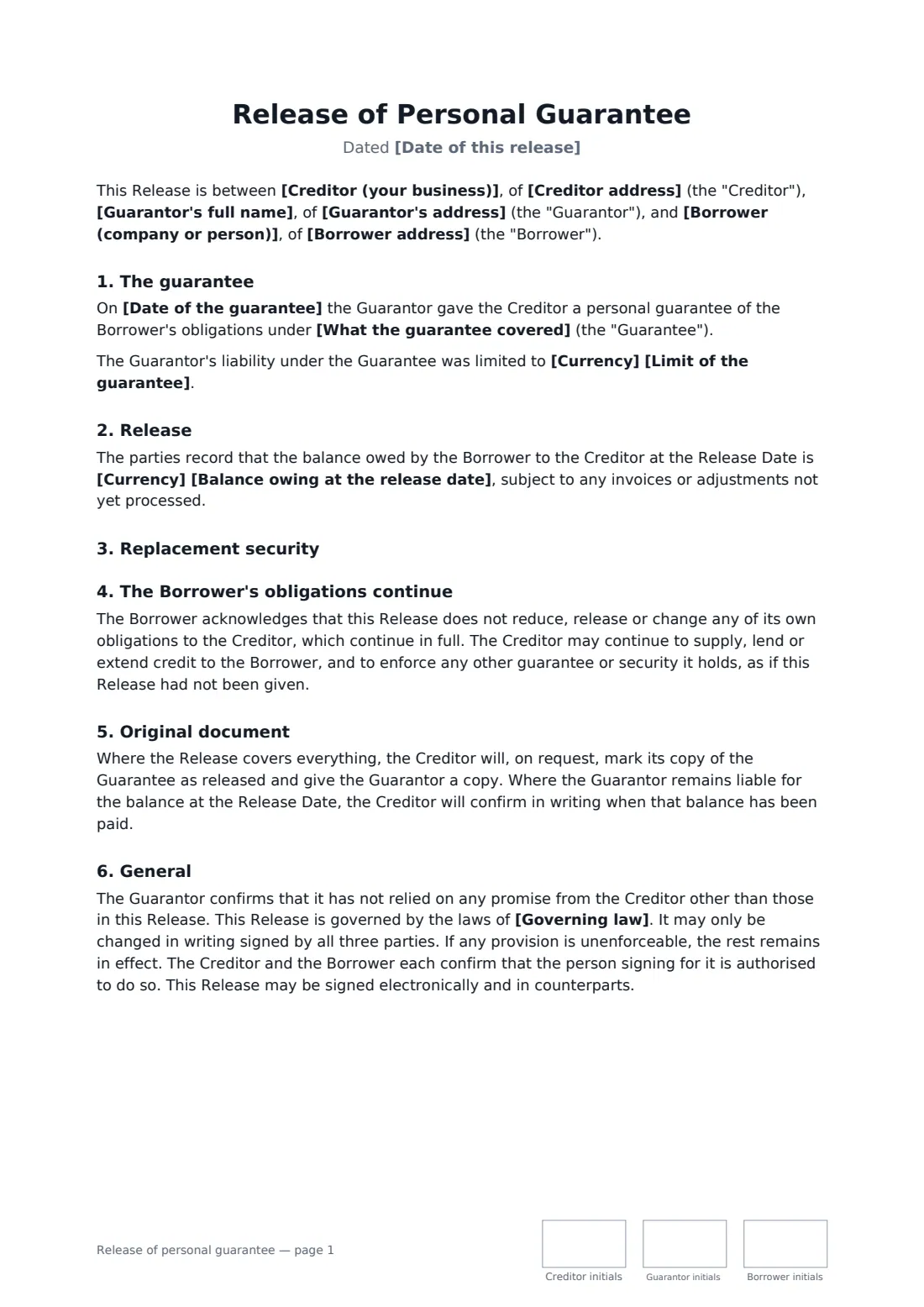 Release of personal guarantee — page 1 of 2