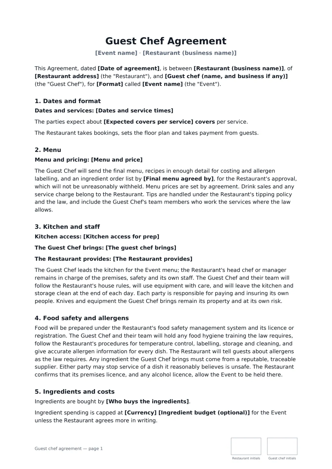 Guest chef agreement — page 1 of 3
