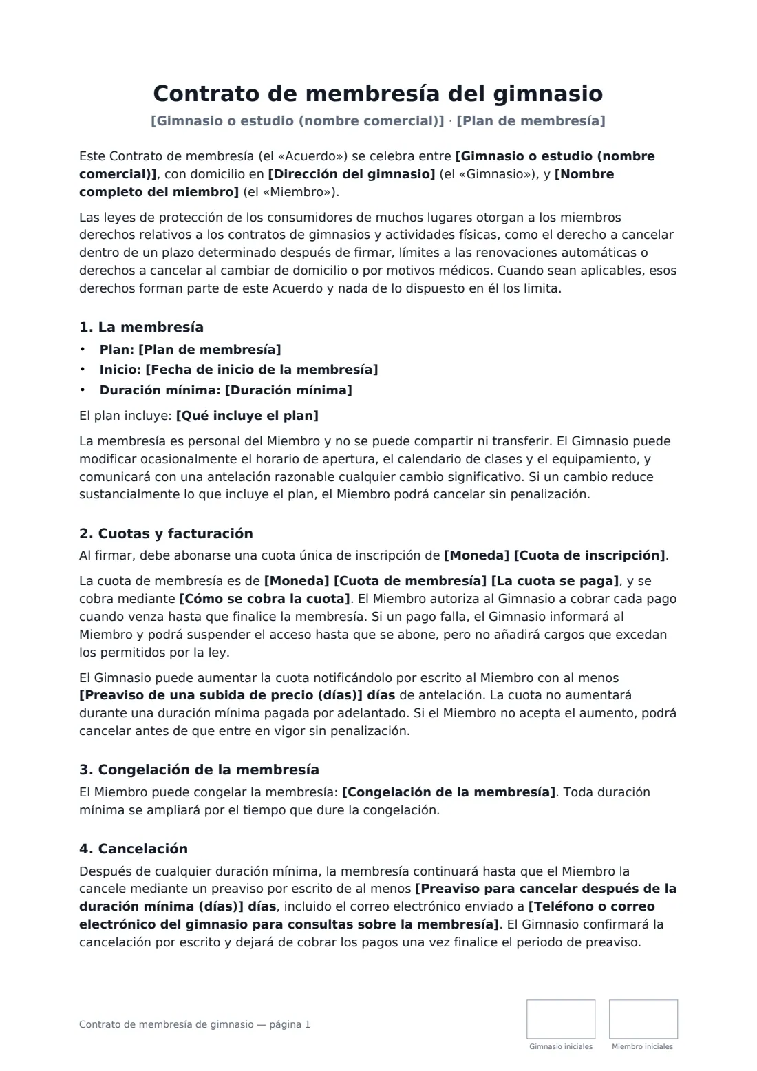 Contrato de membresía de gimnasio: página 1 de 3
