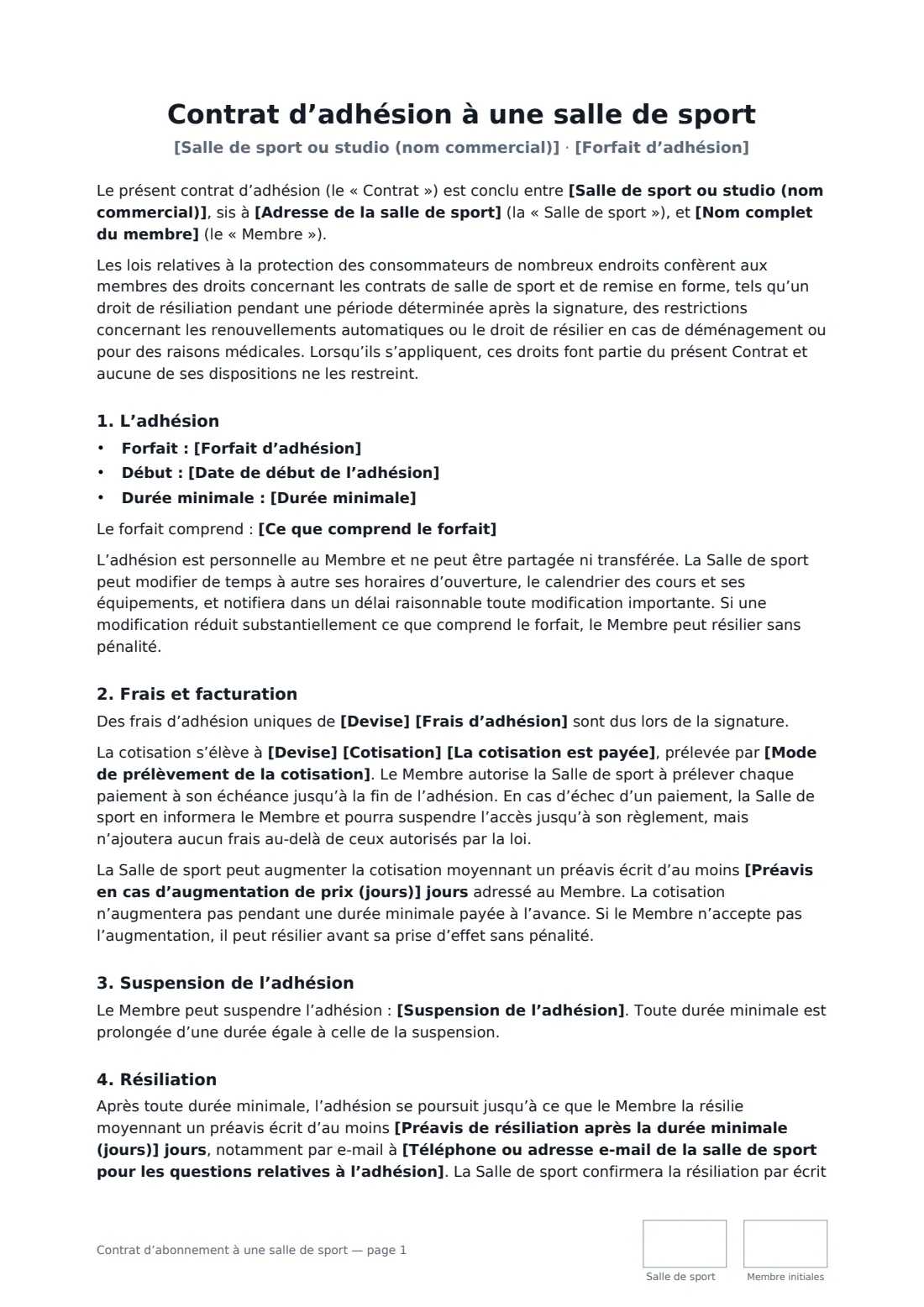 Contrat d’abonnement à une salle de sport — page 1 sur 3
