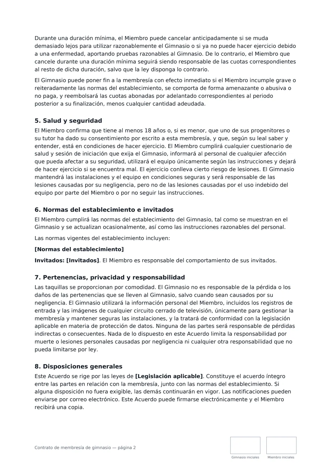 Contrato de membresía de gimnasio: página 2 de 3