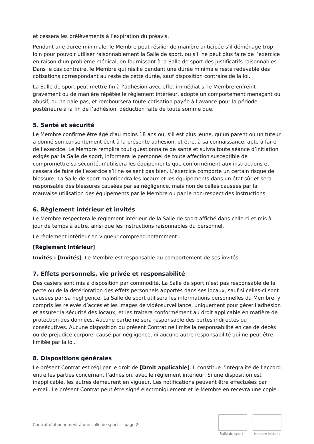 Contrat d’abonnement à une salle de sport — page 2 sur 3