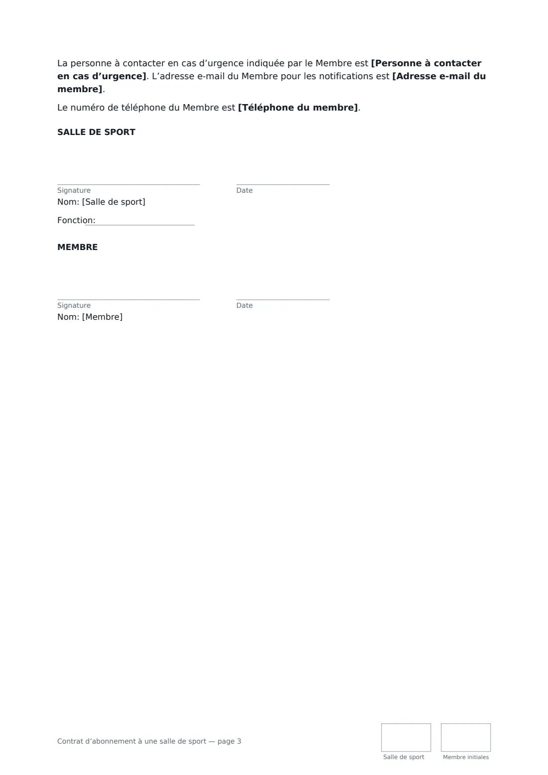 Contrat d’abonnement à une salle de sport — page 3 sur 3