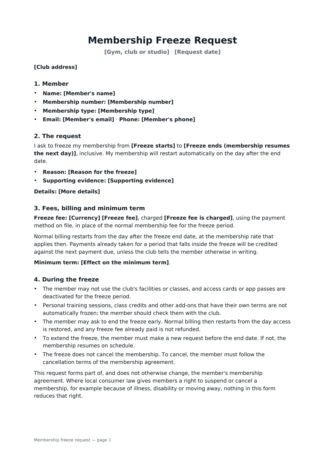 Membership freeze request — page 1 of 2