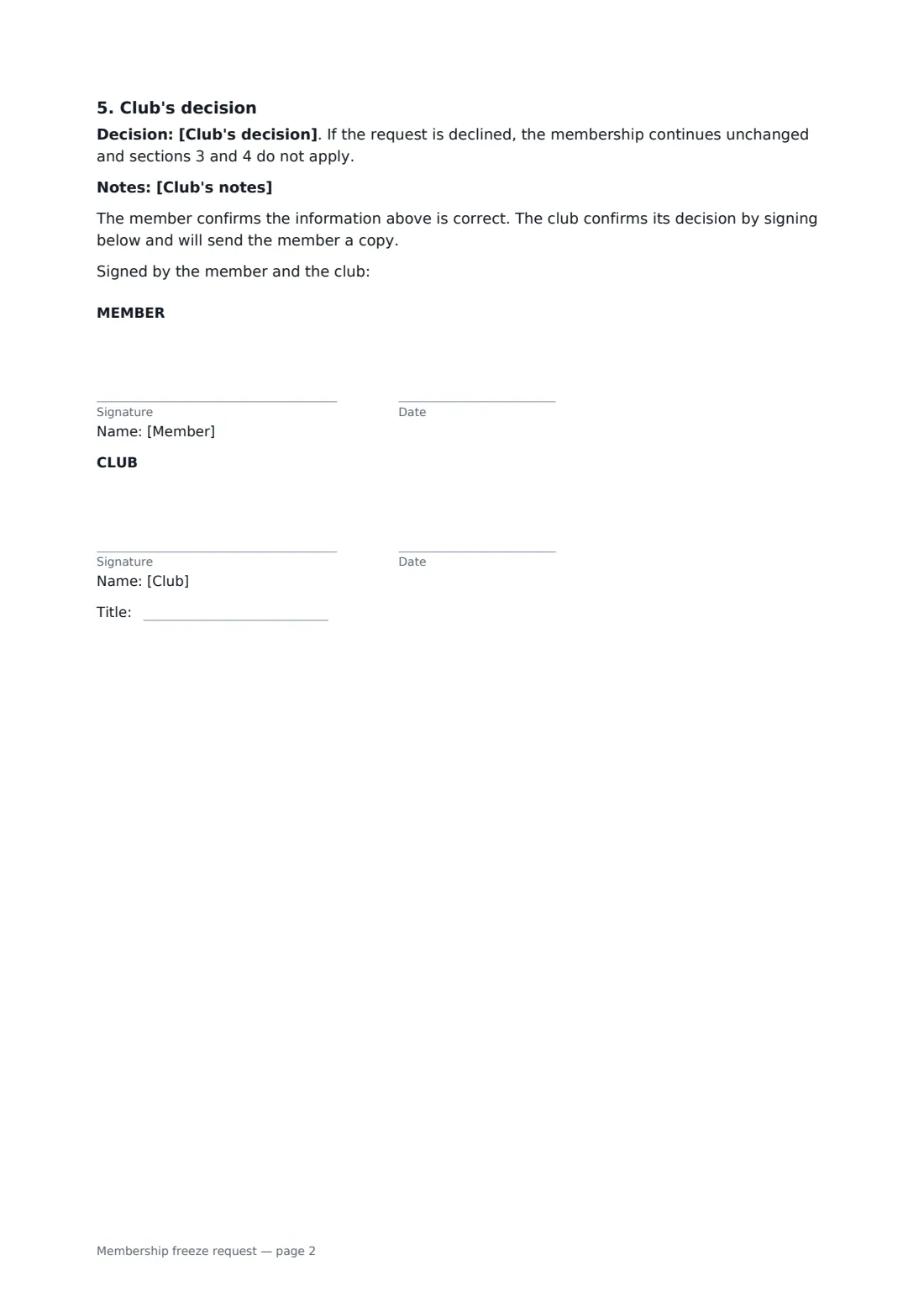 Membership freeze request — page 2 of 2