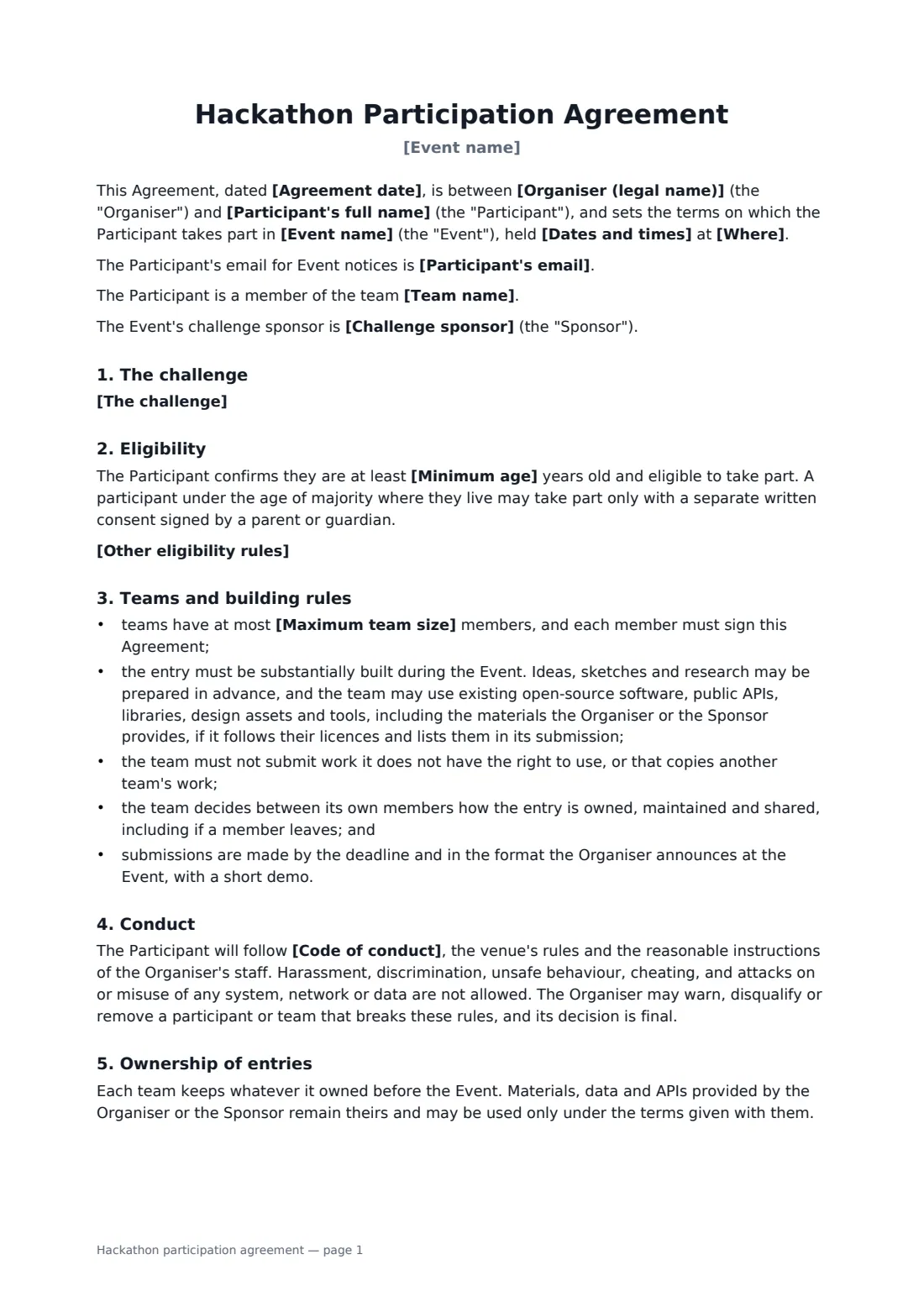 Hackathon participation agreement — page 1 of 3