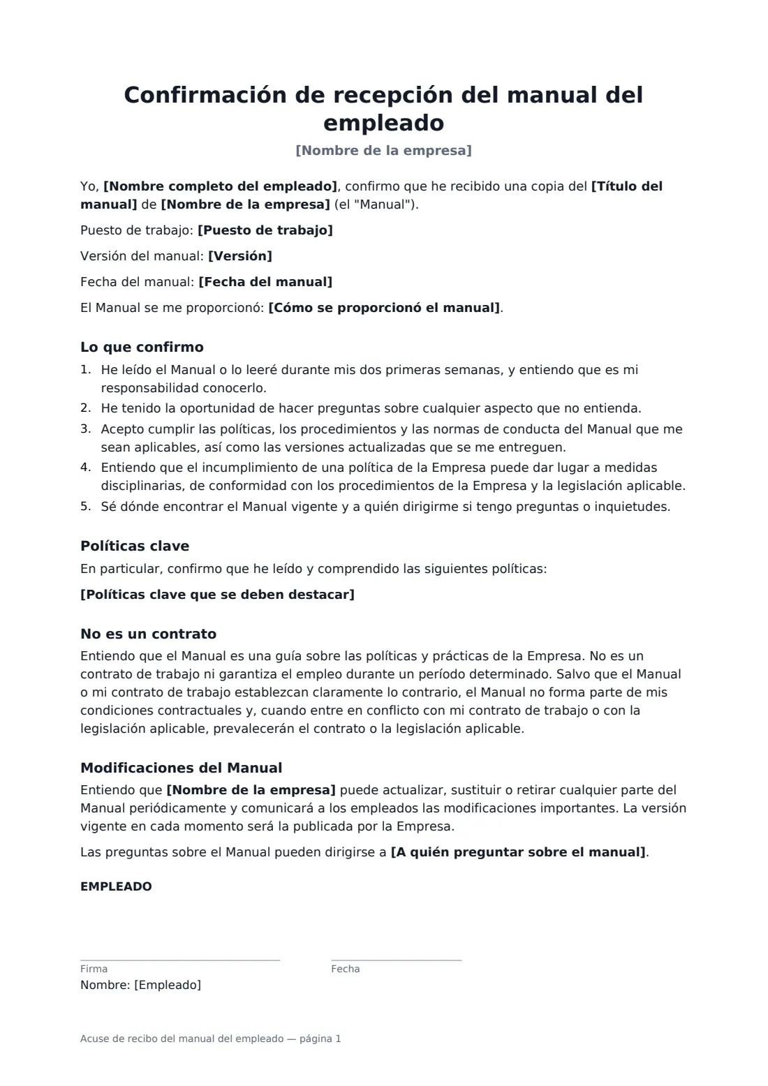 Acuse de recibo del manual del empleado: página 1 de 2