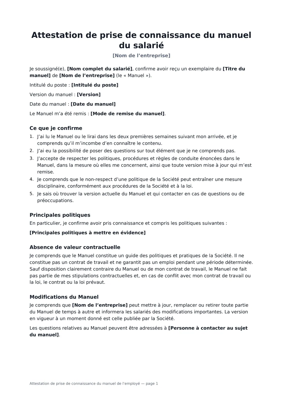 Attestation de prise de connaissance du manuel de l’employé — page 1 sur 2
