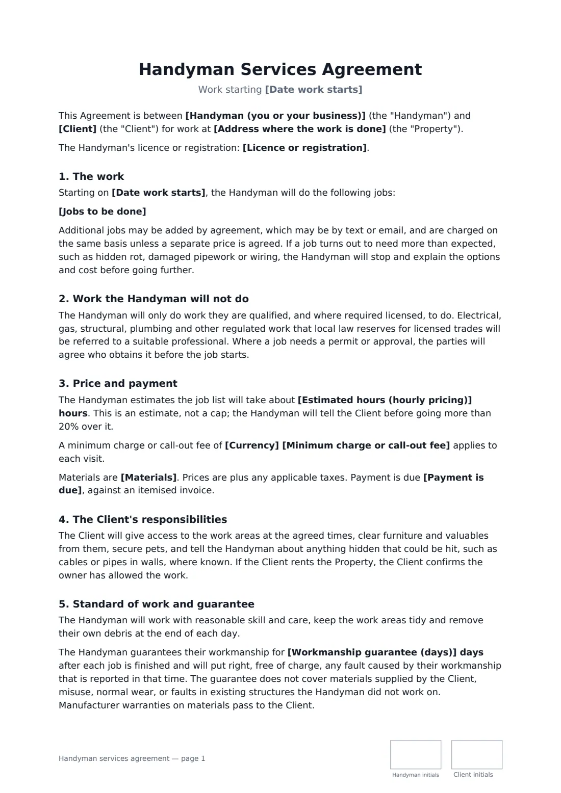 Handyman services agreement — page 1 of 2