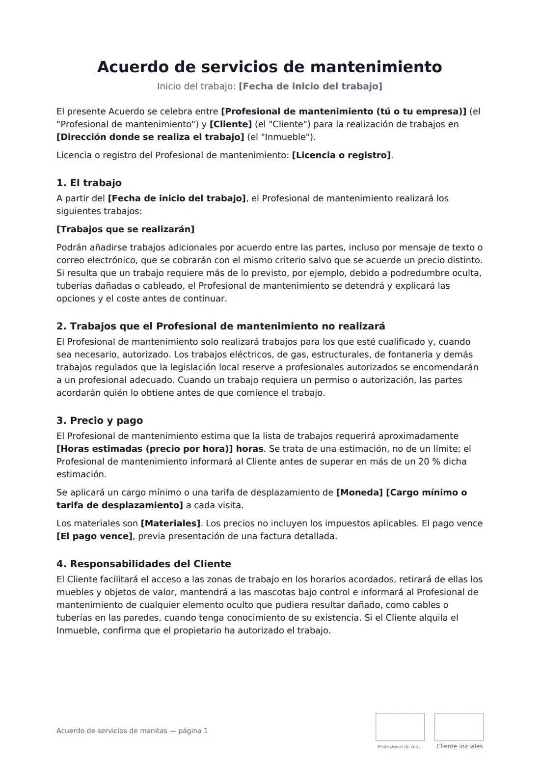 Acuerdo de servicios de manitas: página 1 de 2