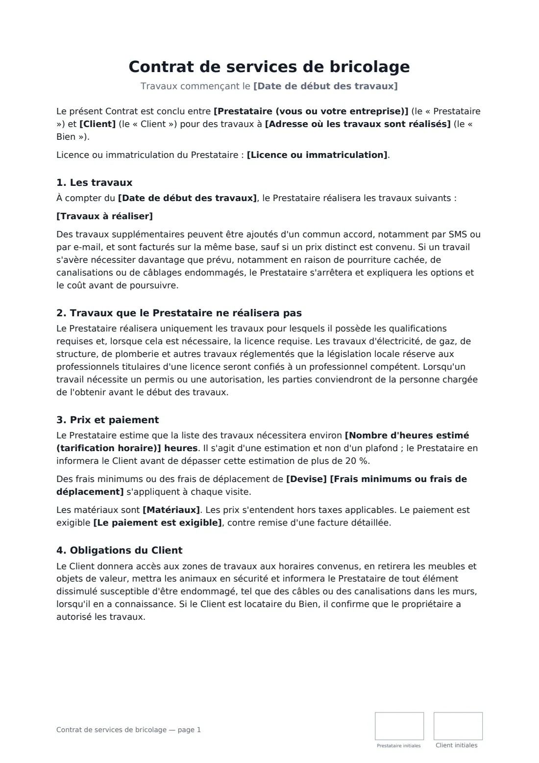 Contrat de services de bricolage — page 1 sur 2