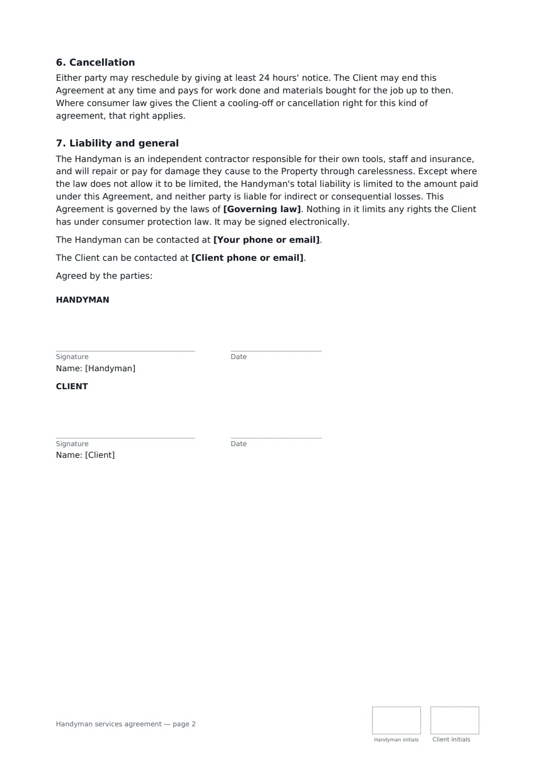 Handyman services agreement — page 2 of 2