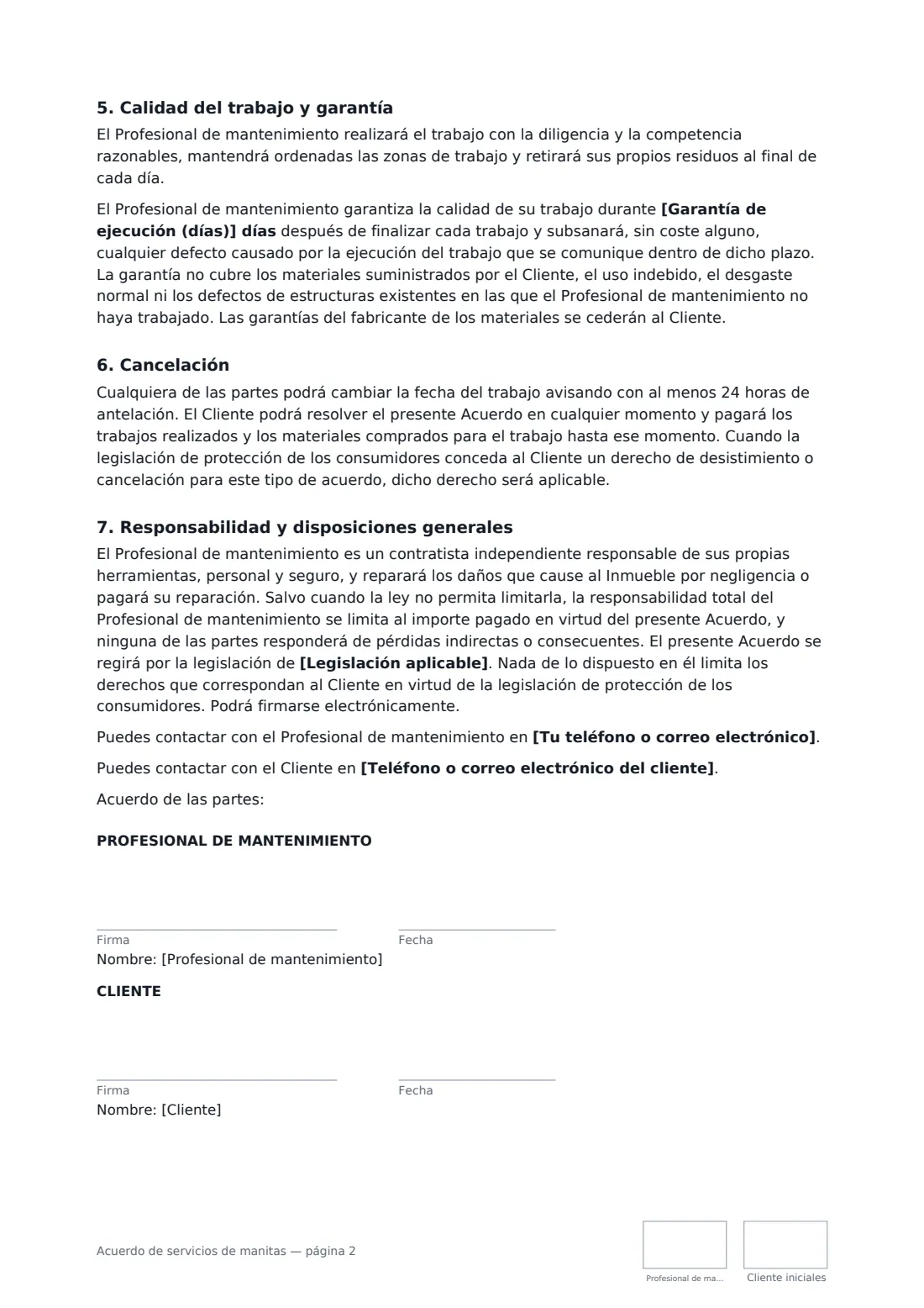 Acuerdo de servicios de manitas: página 2 de 2
