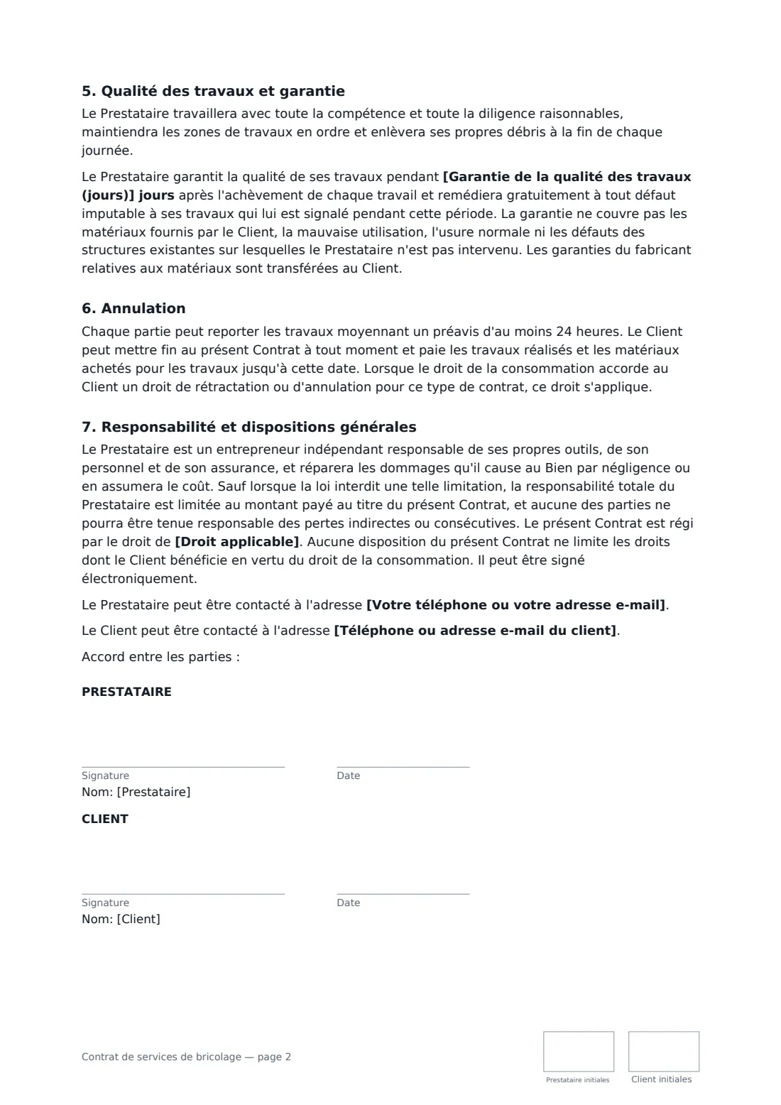 Contrat de services de bricolage — page 2 sur 2