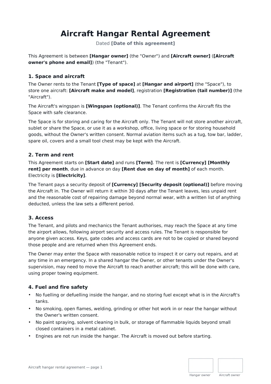 Aircraft hangar rental agreement — page 1 of 3