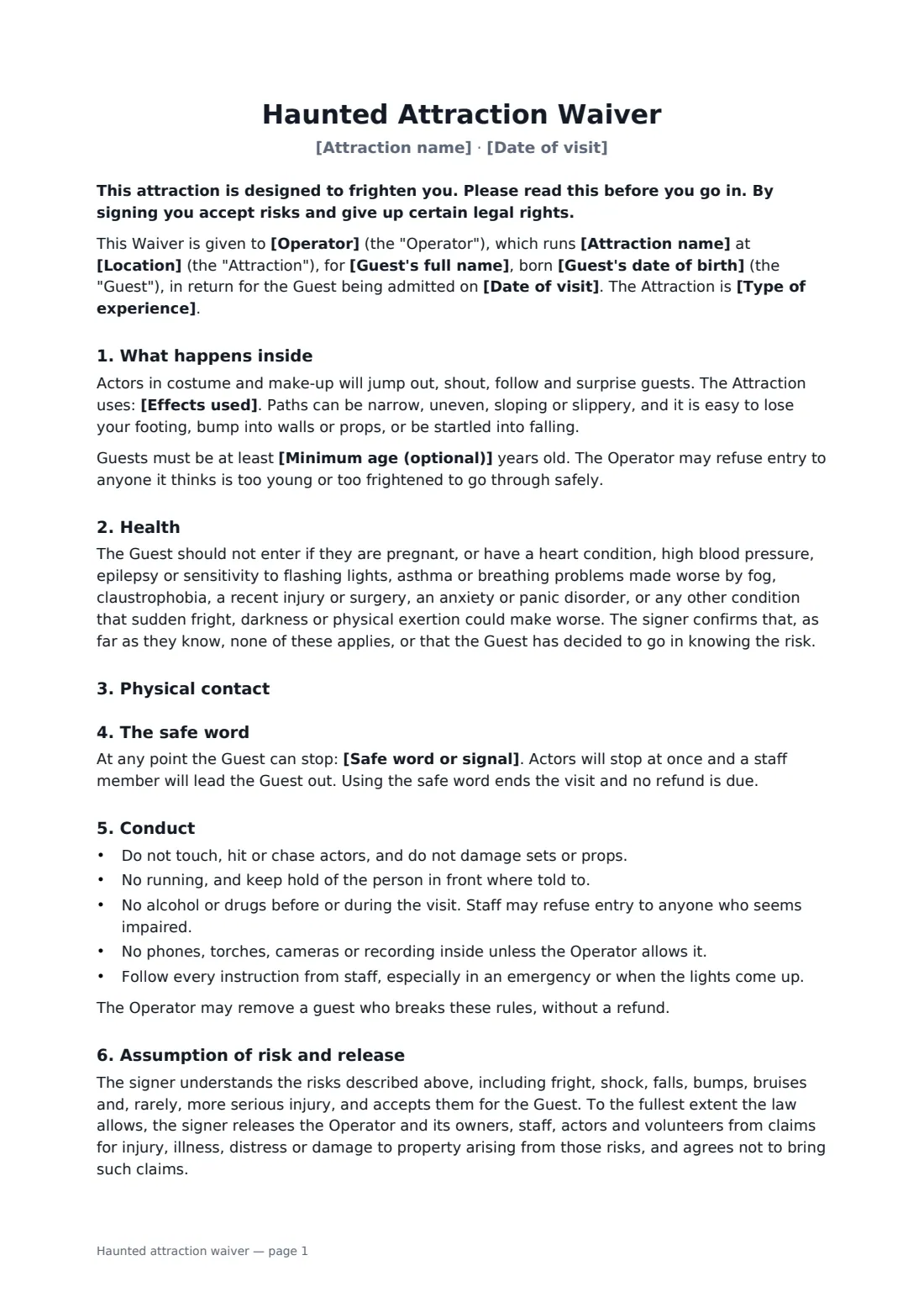 Haunted attraction waiver — page 1 of 2