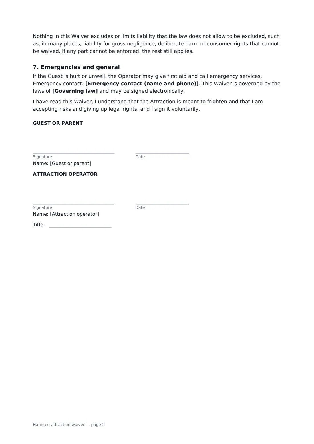 Haunted attraction waiver — page 2 of 2