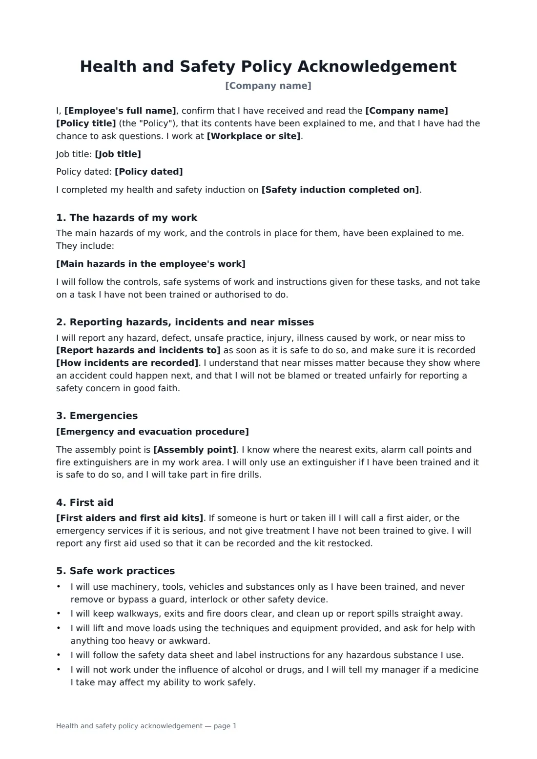 Health and safety policy acknowledgement — page 1 of 2