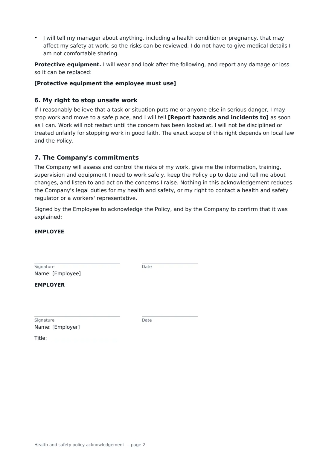 Health and safety policy acknowledgement — page 2 of 2