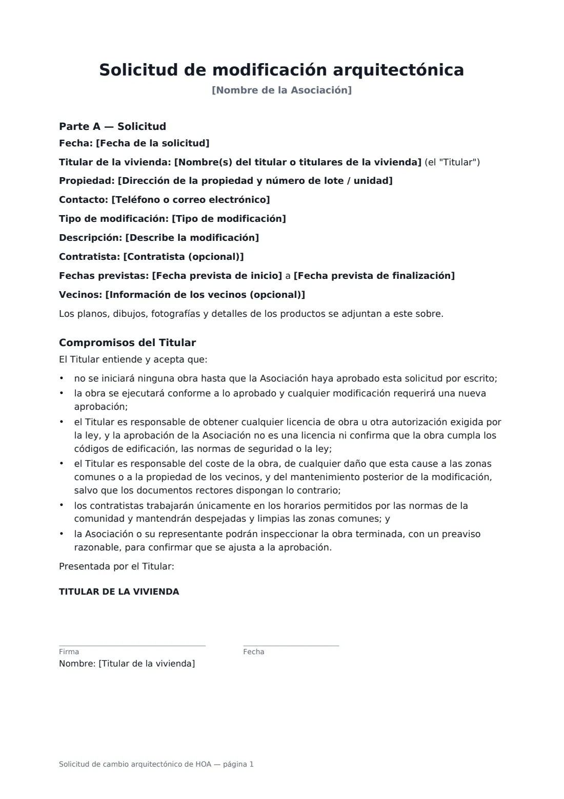 Solicitud de cambio arquitectónico de HOA: página 1 de 2