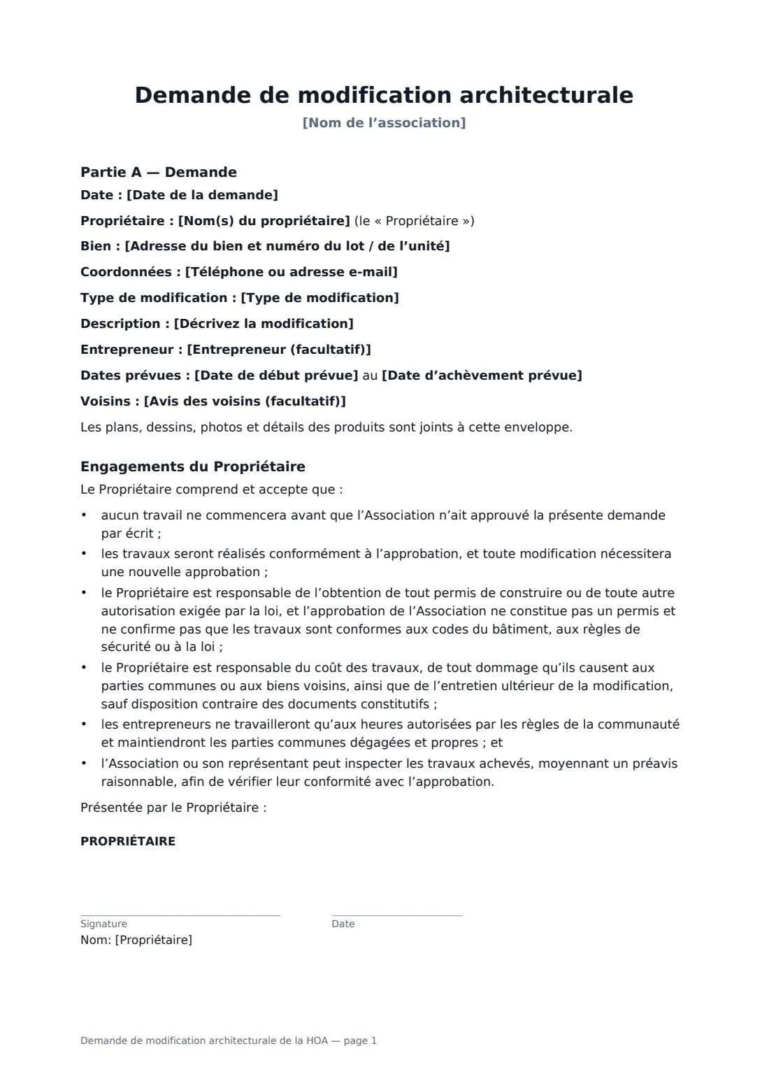 Demande de modification architecturale de la HOA — page 1 sur 2