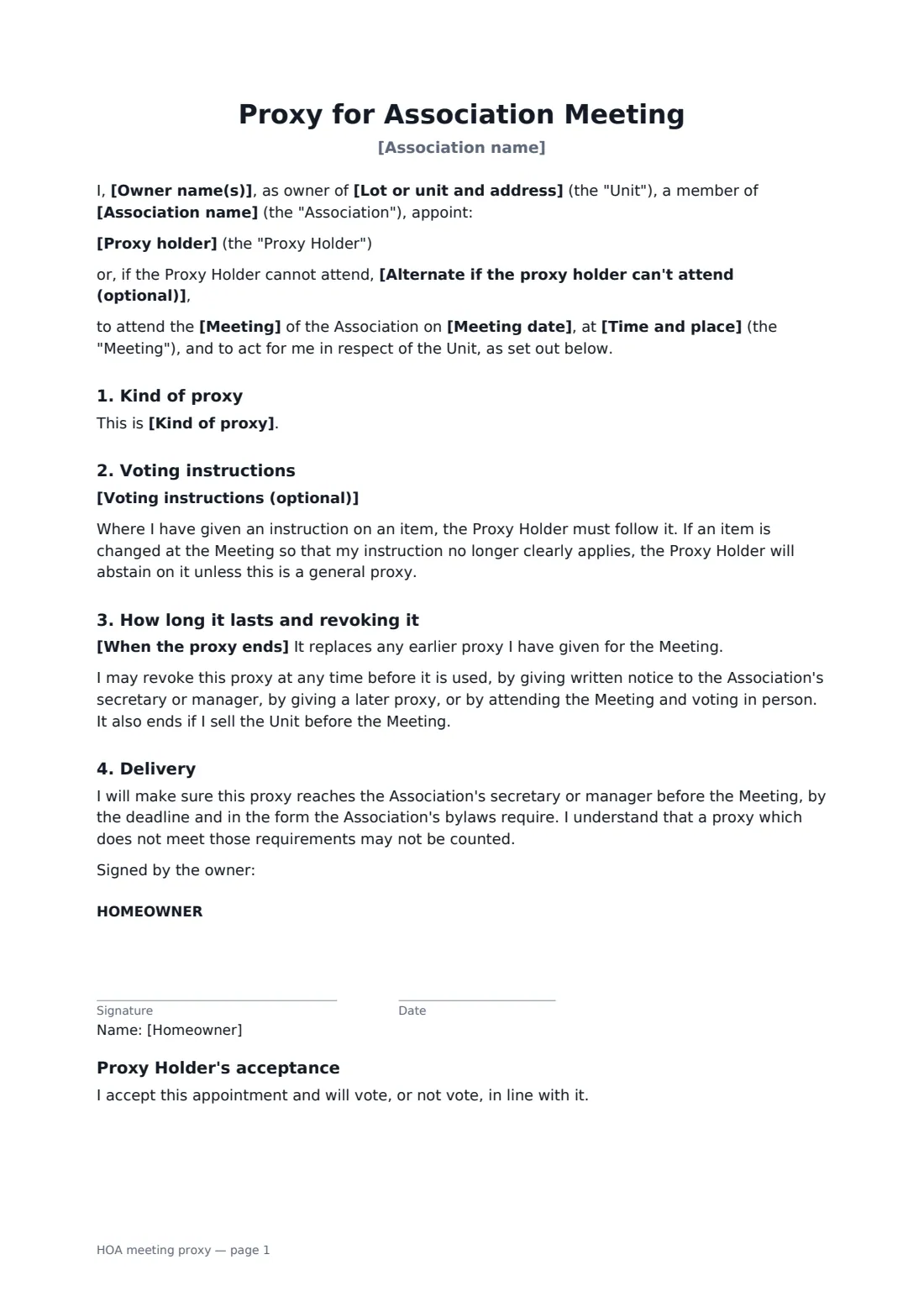 HOA meeting proxy — page 1 of 2