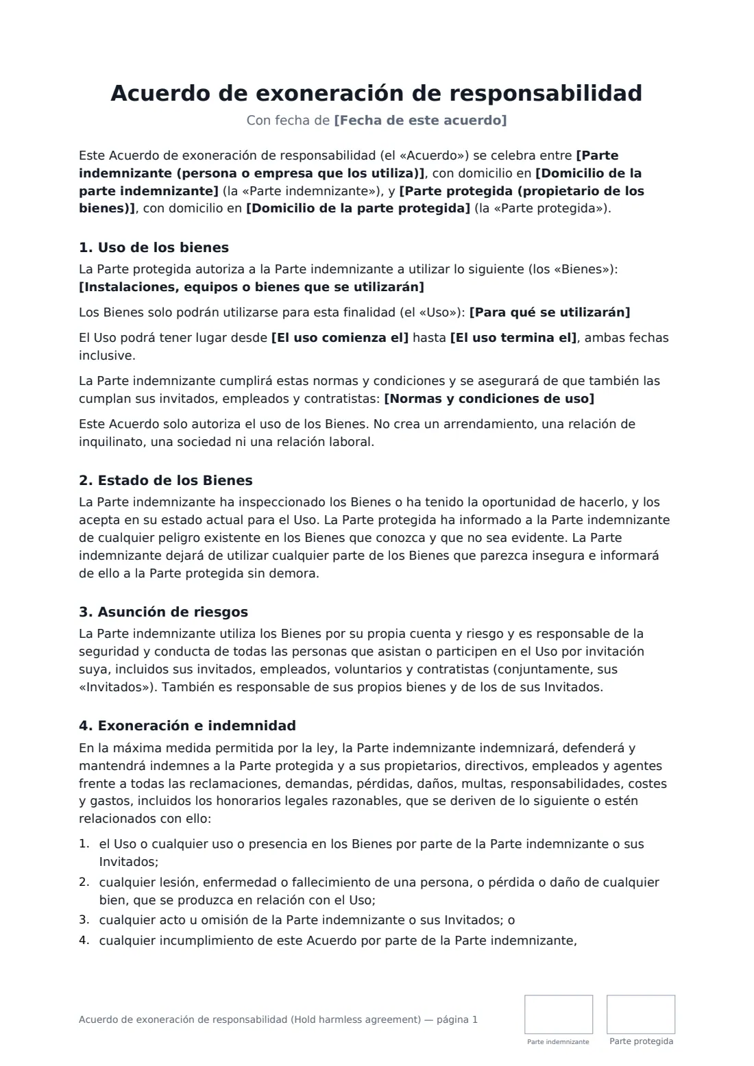Acuerdo de exoneración de responsabilidad (Hold harmless agreement): página 1 de 3
