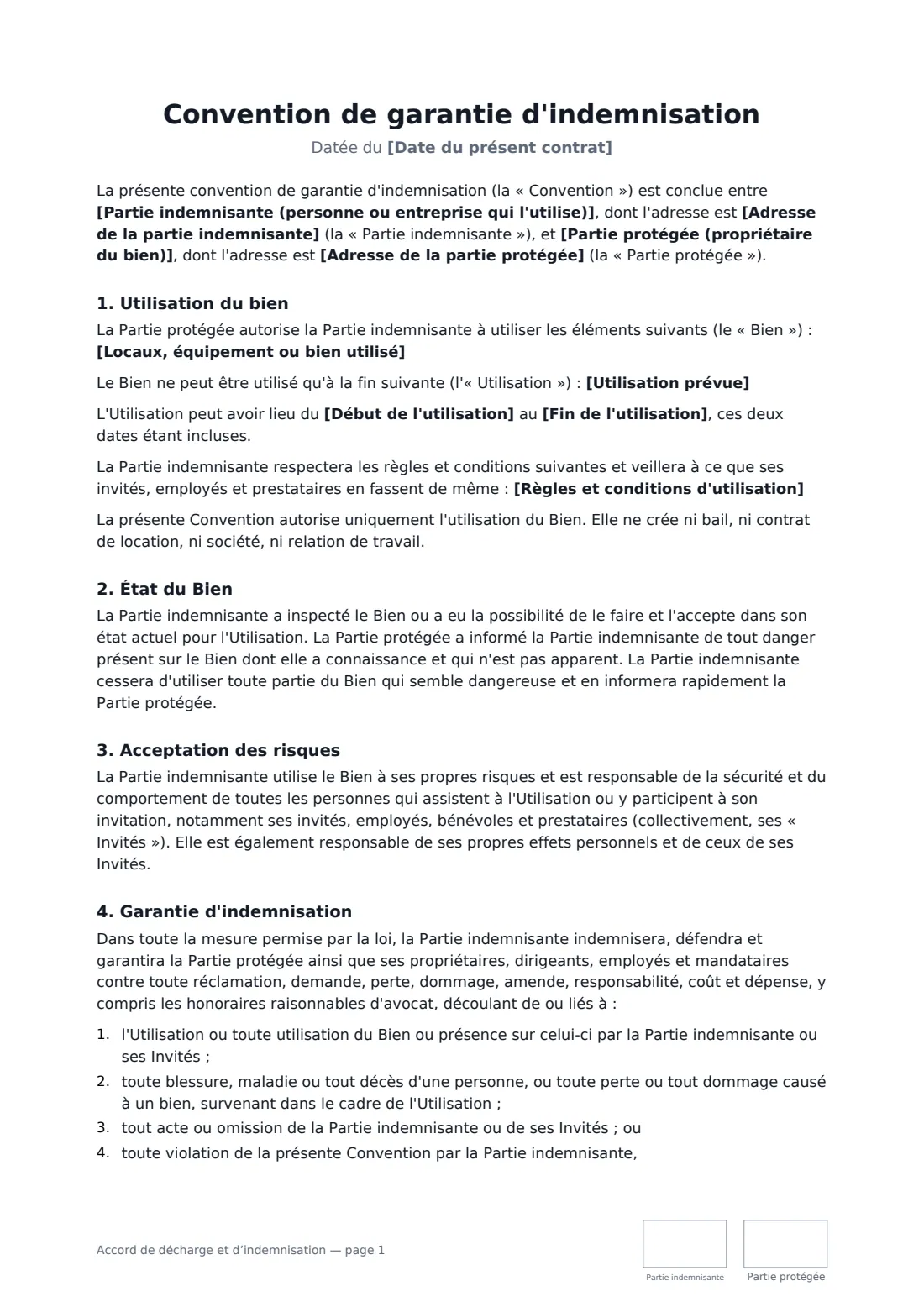 Accord de décharge et d’indemnisation — page 1 sur 3