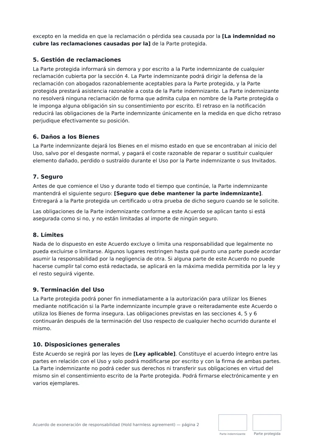 Acuerdo de exoneración de responsabilidad (Hold harmless agreement): página 2 de 3