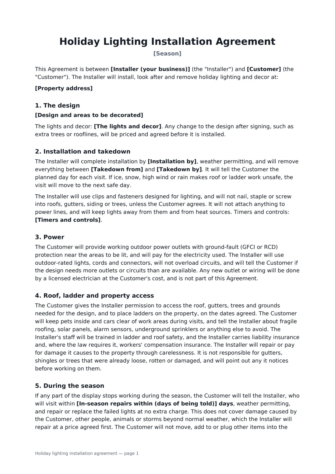 Holiday lighting installation agreement — page 1 of 2