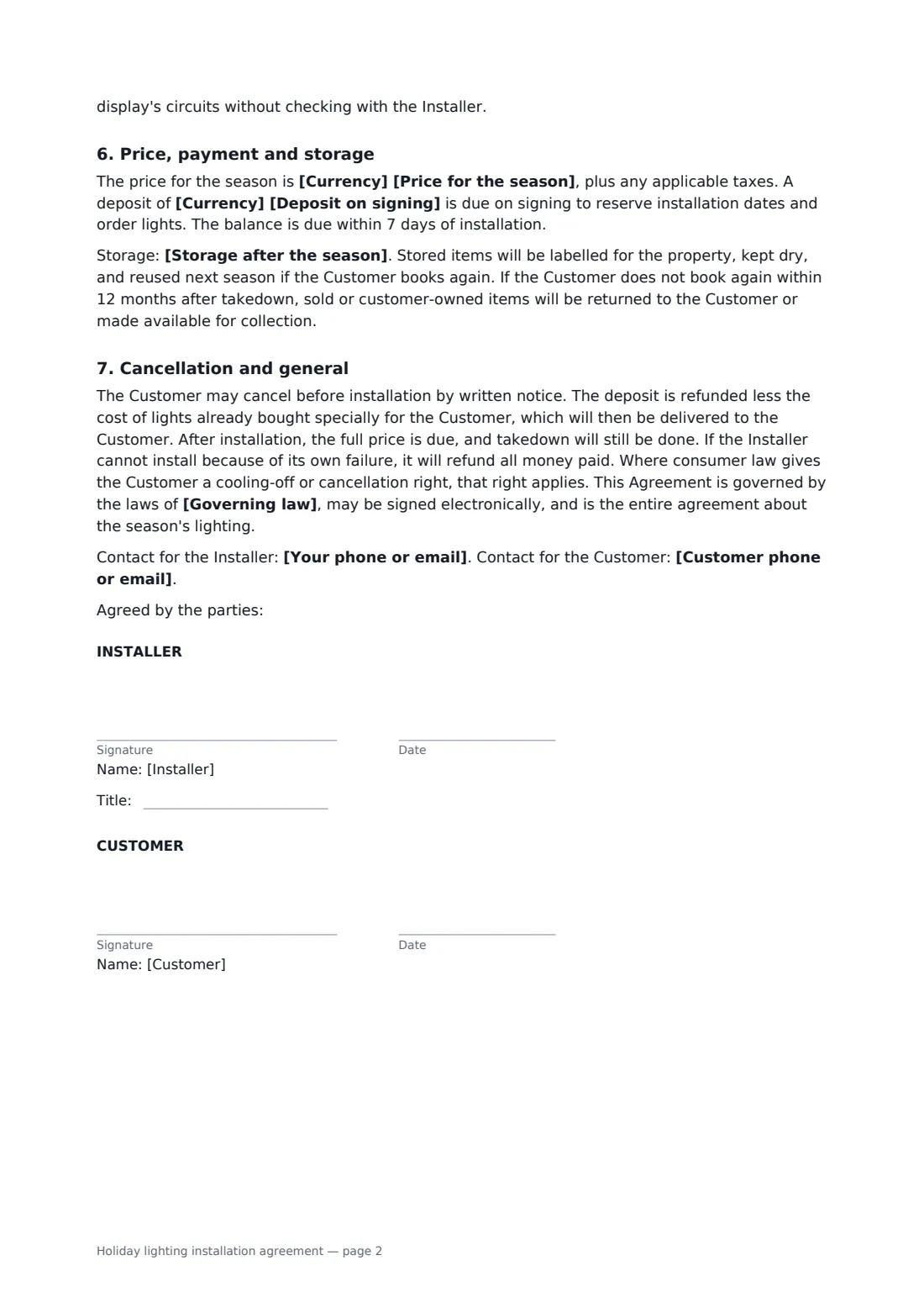 Holiday lighting installation agreement — page 2 of 2